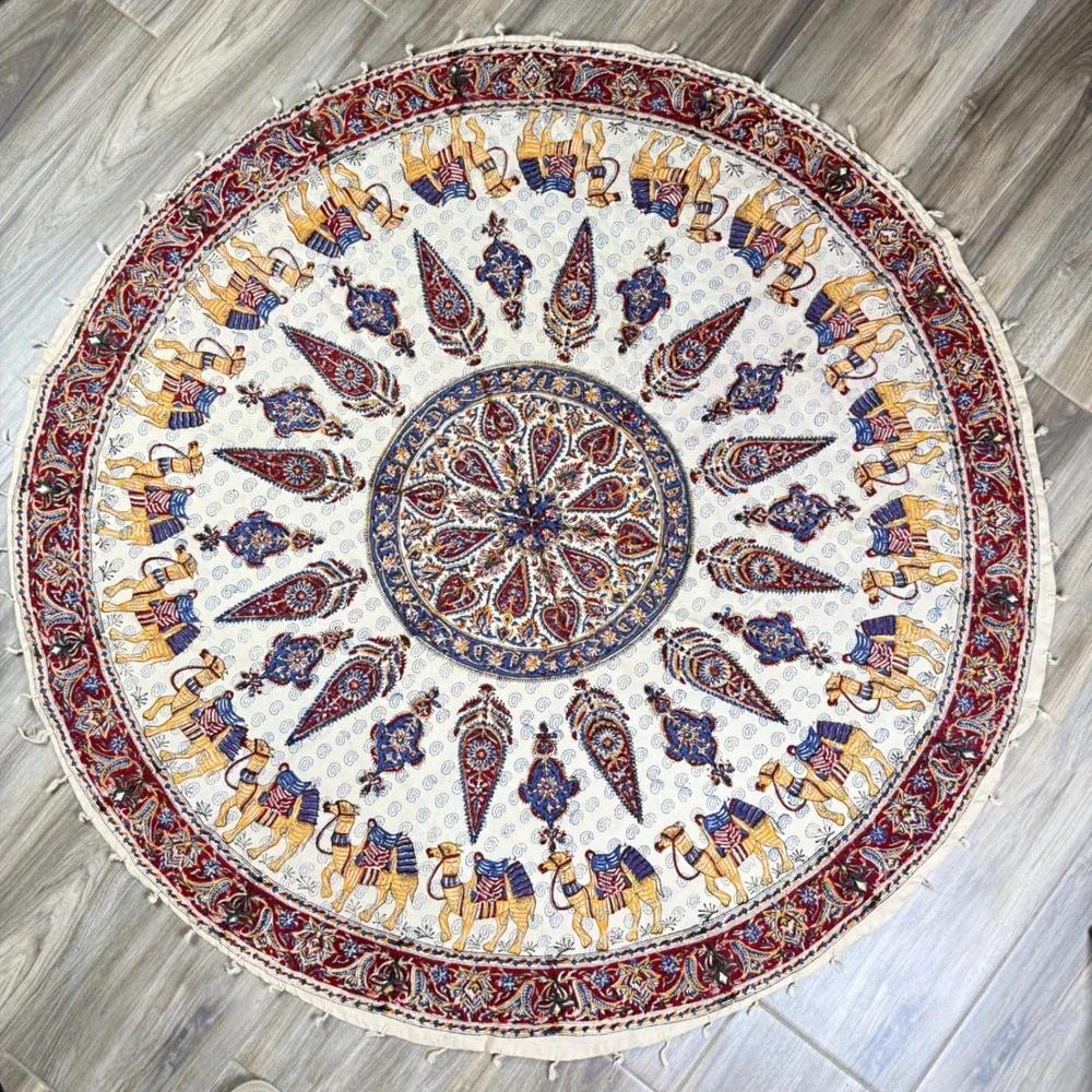Vintage‎ Kalamkari Tablecloth Ghalamkar Block Print Round Mandala